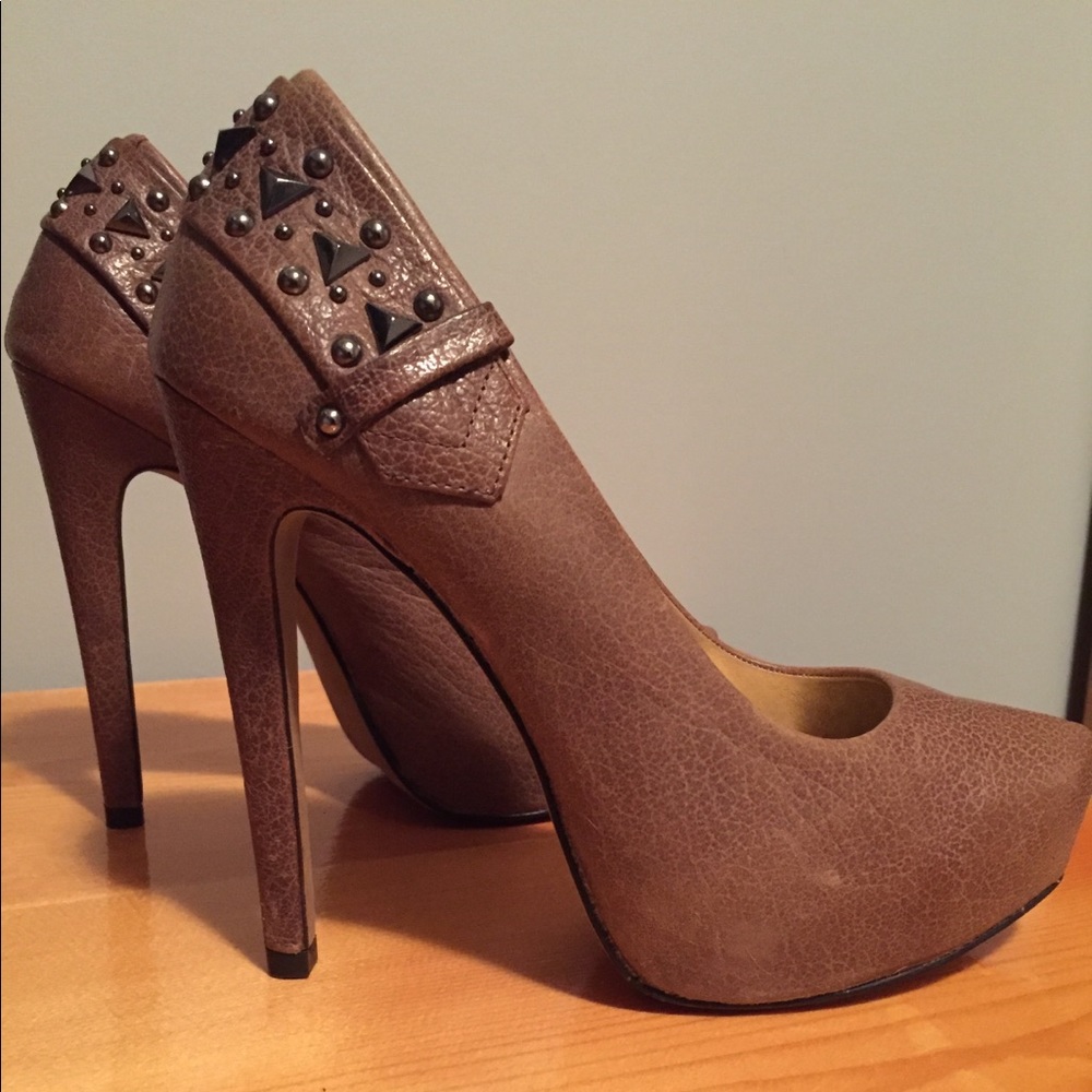 Brown Pebbled Leather Platform Pumps with Studs